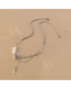 Purple Rhinestone Heart Tassel Pearl Necklace Clavicle Chain Stainless Steel 