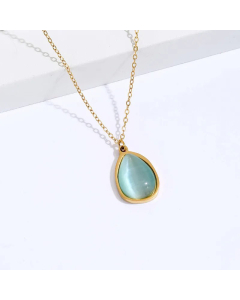 Retro Simple Golden Light Green Water Drop Pendant Stainless Steel Necklace