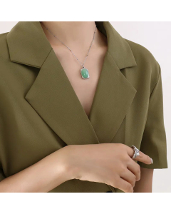 Fashion Retro Green Purple Natural Stone Pendant Necklace Titanium Steel-Steel Color-Green