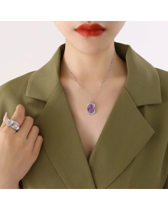 Fashion Retro Green Purple Natural Stone Pendant Necklace Titanium Steel-Steel Color-Purple
