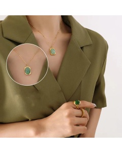 Fashion Retro Green Purple Natural Stone Pendant Necklace Titanium Steel-Gold Color-Green