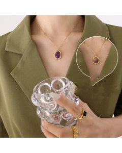 Fashion Retro Green Purple Natural Stone Pendant Necklace Titanium Steel-Gold Color-Purple