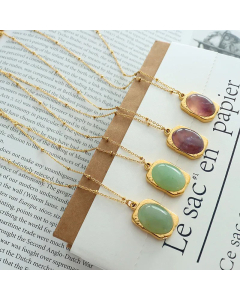 Fashion Retro Green Purple Natural Stone Pendant Necklace Titanium Steel