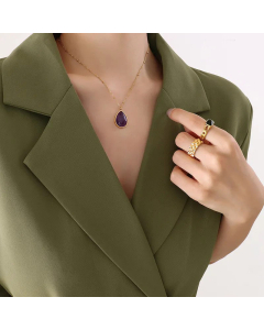 Fashion Titanium Steel Retro Water Drop Shape Natural Raw Gemstone Oval Pendant Necklace-Gold Color-Purple