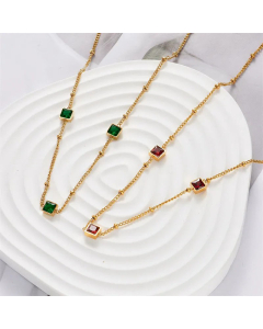 14K Gold Plated Geometric Clavicle Chain Necklace New Style Square Green Zirconium Stainless Steel 