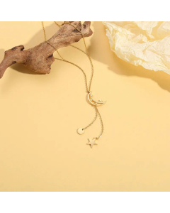 Fashion Plated 14K Gold Round Star Pendant Necklace Hollow Moon Titanium Steel 