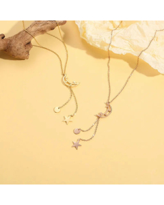 Fashion Plated 14K Gold Round Star Pendant Necklace Hollow Moon Titanium Steel 