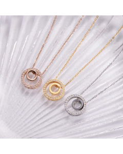 Women Fashion Round Rhinestone Pendant Necklace Diamond Stainless Steel Necklaces