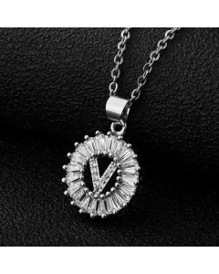 Fashion Stainless Steel Necklace Plating Zircon Letter Stainless Steel Necklaces-Steel Color-V