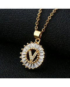 Fashion Stainless Steel Necklace Plating Zircon Letter Stainless Steel Necklaces-Gold Color-V