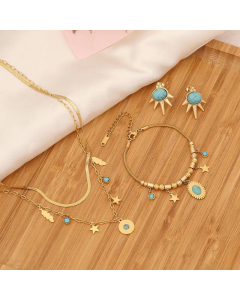 Sweet Beaded Layered Inlay Turquoise Necklace Pentagram Leaves Stainless Steel Necklace 