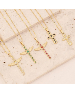 Fashion Inlaid Zircon Cross Stainless Steel Necklace Cross Wings Stainless Steel Pendant Necklace 
