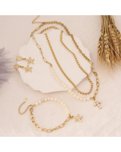 Beaded Chain Inlaid Pearls Artificial Stainless Steel Starfish Daisy Stainless Steel Bracelets Earrings Necklace Set 