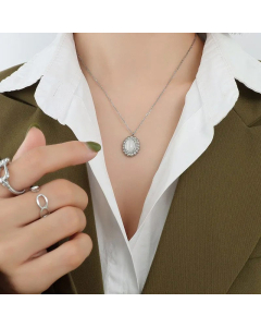Women Plating Stainless Steel Necklaces Retro Round Oval Titanium Steel Earrings Necklace-Steel Color-01