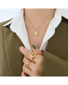 Women Plating Stainless Steel Necklaces Retro Round Oval Titanium Steel Earrings Necklace-Gold Color-01