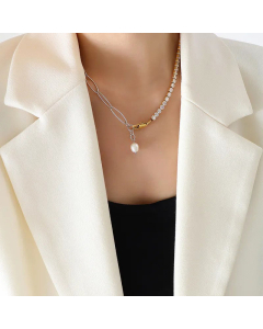Women Plating Artificial Rhinestones Stainless Steel Necklaces Fashion Geometric Pearl Titanium Steel Necklace 