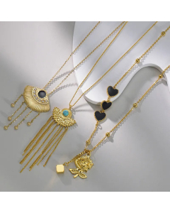 Vintage Style Sector Tassel Plating Turquoise Stainless Steel Necklaces Heart Shape Rose Stainless Steel Necklace 