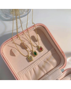 Women Inlay Artificial Gemstones Stainless Steel Necklaces Fashion Square Titanium Steel Necklace