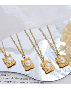 Luxurious Plating Artificial Pearl Stainless Steel Necklaces Geometric Titanium Steel Pendant Necklace 