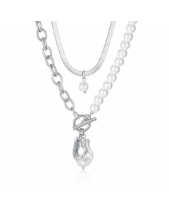Fashion OT Buckle Stainless Steel Imitation Pearl Necklace Layered Plating Stainless Steel Necklaces