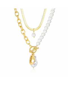 Fashion OT Buckle Stainless Steel Imitation Pearl Necklace Layered Plating Stainless Steel Necklaces