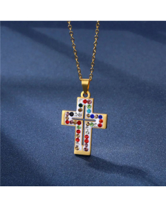 Glam Cross Stainless Steel Necklace Inlay Colorful Rhinestone Stainless Steel Necklaces