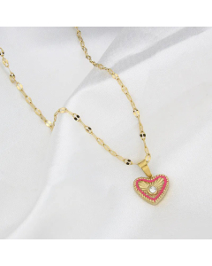 Simple Style Artificial Gemstones Stainless Steel Necklaces Heart Shape Titanium Steel Necklace -01-Red
