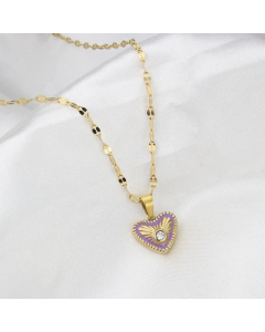 Simple Style Artificial Gemstones Stainless Steel Necklaces Heart Shape Titanium Steel Necklace -01-Purple