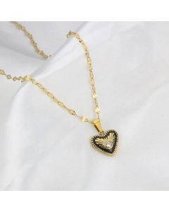 Simple Style Artificial Gemstones Stainless Steel Necklaces Heart Shape Titanium Steel Necklace -01-Black