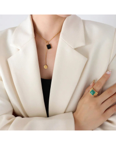 Fashion Inlay Artificial Crystal Stainless Steel Necklaces Square Titanium Steel Pendant Necklace 