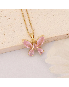 Elegant Plating Pink Zircon Stainless Steel Necklaces Heart Shape Butterfly Stainless Steel Pendant Necklace