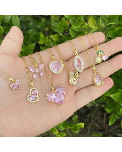 Elegant Plating Pink Zircon Stainless Steel Necklaces Heart Shape Butterfly Stainless Steel Pendant Necklace