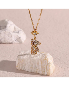 Cute Bear Eight-Pointed Stars Pendant Necklace Plating Inlay Zircon Stainless Steel Necklaces
