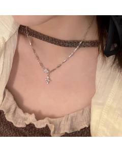 Fashion Plating Rhinestone Necklace Cross Flower Titanium Steel 