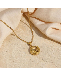 Retro Round With Sun Moon Stainless Steel Pendant Necklace Plating Zircon Stainless Steel Necklaces