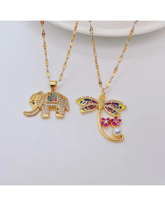 Fashion Inlay Rhinestone Stainless Steel Necklaces Dragonfly Elephant Titanium Steel Necklace 