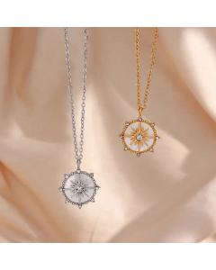 Casual Inlay Shell Zircon Stainless Steel Necklaces Round Star Stainless Steel Necklace 