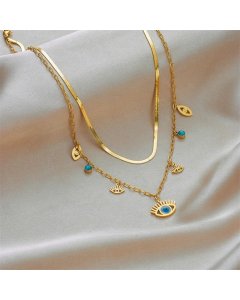 Vintage Style Gold Plated Turquoise Stainless Steel Necklaces Eye Stainless Steel Layered Necklaces 