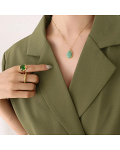 Ethnic Style Artificial Water Drop Stainless Steel Necklaces Oval Titanium Steel Necklace-Gold Color-Green
