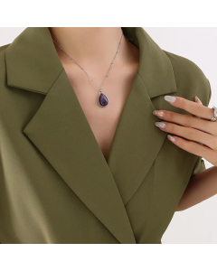 Ethnic Style Artificial Water Drop Stainless Steel Necklaces Oval Titanium Steel Necklace-Steel Color-Purple