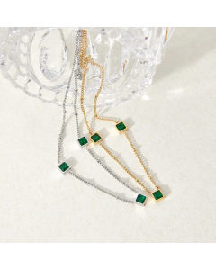 Elegant Square Stainless Steel Necklace Plating Zircon Stainless Steel Necklaces-Steel Color-Green