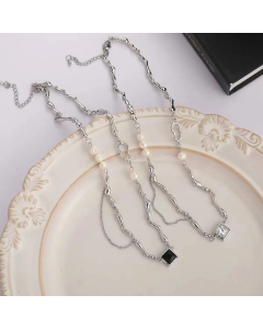 Fashion Plating Artificial Pearls Stainless Steel Necklaces Square Stainless Steel Necklace 