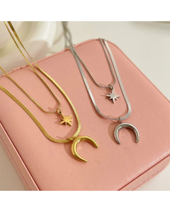 Fashion Double Layers Star Moon Stainless Steel Necklace Plating Stainless Steel Necklaces