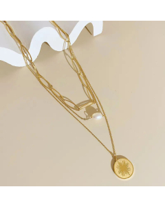 Fashion Round Pendent Stainless Steel Necklace Layered Pearl Stainless Steel Necklaces