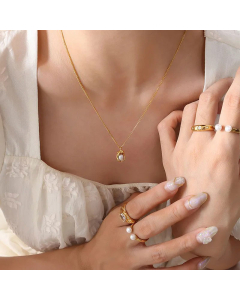 Fashion Plating Chain Inlay Stainless Steel Necklaces Geometric Artificial Pearl Titanium Steel Necklace 
