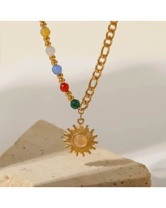 Fashion Gold Plated Inlay Opal Stainless Steel Necklaces Sun Stainless Steel Pendant Necklace 