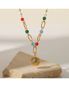 Fashion Gold Plated Inlay Turquoise Stainless Steel Necklaces Round Stainless Steel Pendant Necklace 