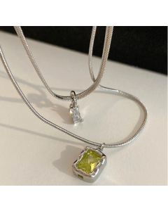 Fashion Inlay Artificial Gemstones Stainless Steel Square Titanium Steel Layered Necklaces