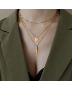 Fashion Round Rectangle Geometric Three-Layer Necklace Plating Stainless Steel Necklaces