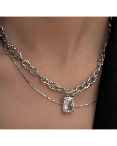Fashion Inlay Artificial Gemstones Stainless Steel Necklaces Square Titanium Steel Layered Necklaces 